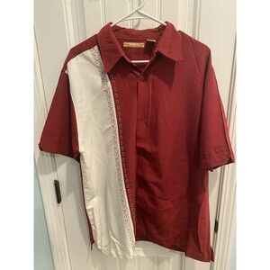 Men’s Havanera Co Cuban Guayabera Style Shirt Red Embroidered Color Block Large